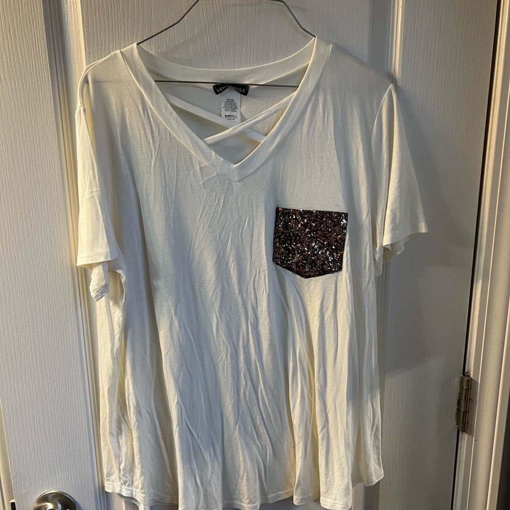 Crisscross front white top with glitter sequin pocket - never worn